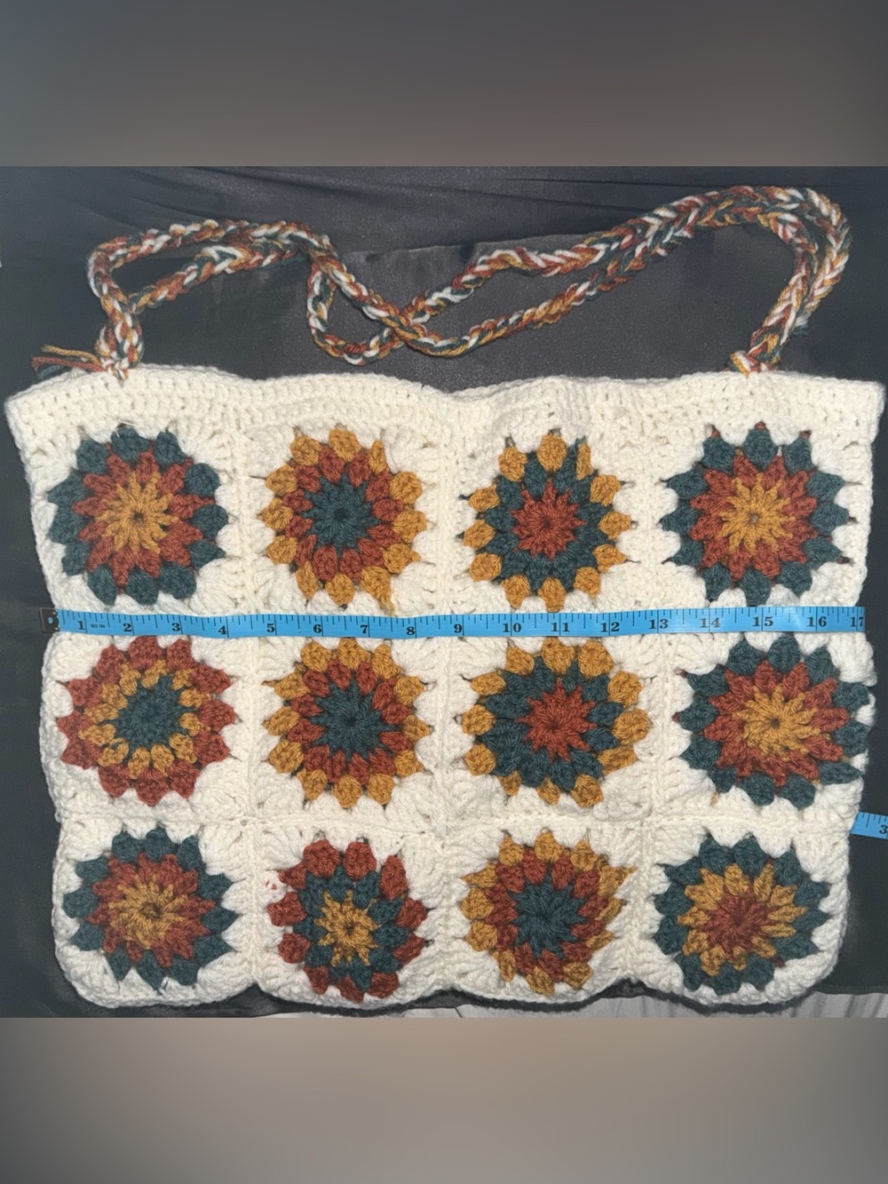 Vintage Hand Crafted Crochet Granny Square Tote in Cream, Mustard, Olive & Rust